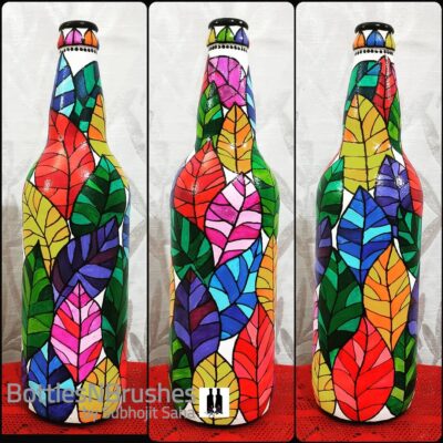 Hand painted Bottleart with Colorful Leaves design for Home Decor – Bottles & Brushes