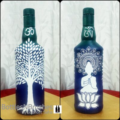 Hand painted Bottleart with Lord Buddha and Tree for Home Decor – Bottles & Brushes