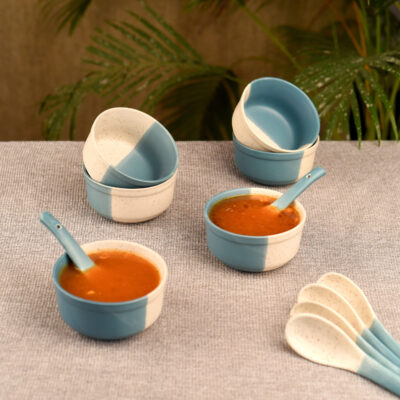 IKrafties Ceramic Off White and light Blue Soup Bowl(Set of 6 Bowls and 6 Spoons,300 mL)