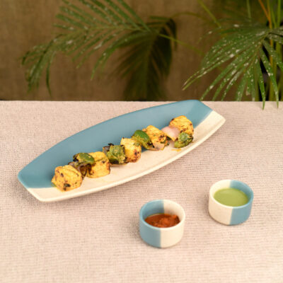 IKrafties Ceramic Off White and light Blue Serving Platter with Dip Bowls(1 Platter,2 Dip Bowls)