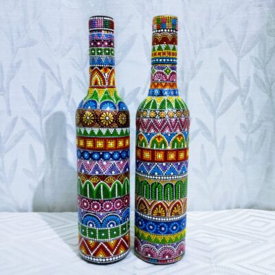 Hand painted Bottleart with Multicolor Dot Art technique for Home Decor- Set of 1 – Bottles & Brushes