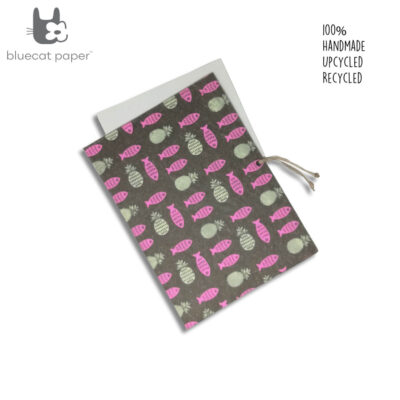 Handmade Linen File folder – Pink fish and cream white small pineapple print