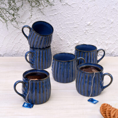 IKrafties Handmade Metallic Blue Studio Ceramic Tea/Coffee Mug Set(Set of 6)