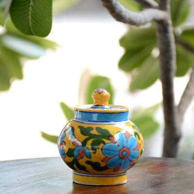 Blue Pottery Yellow Leaf Sugar Pot