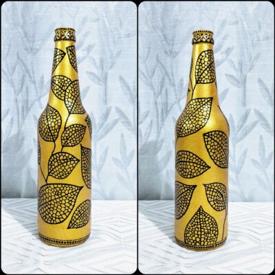 Hand painted Bottleart – Golden with Black Leaves – Bottles & Brushes