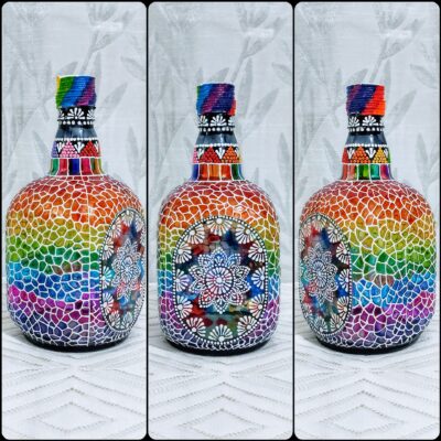 Hand painted Rainbow coloured Bottleart Lamp – Bottles & Brushes
